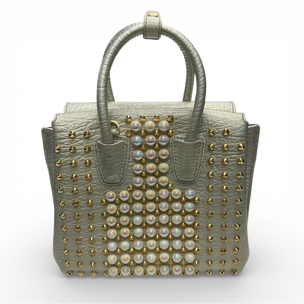 MCM Mini Milla Studded Satchel Crossbody Bag– Metallic Silver Pearl Stud